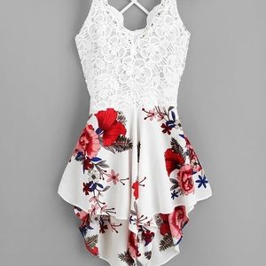 Crochet lace floral print self tie romper